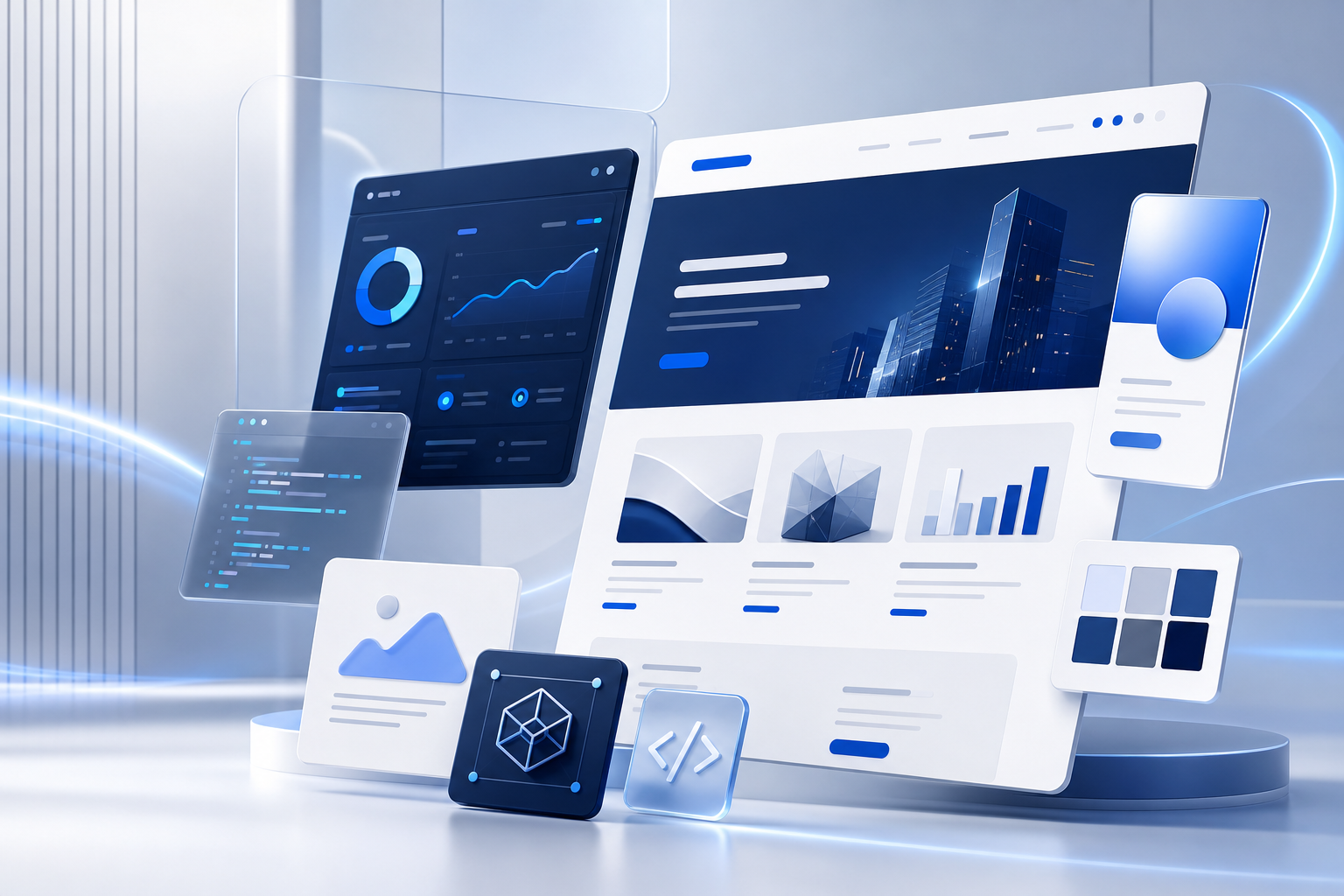 Modern website UI mockups and digital dashboard panels