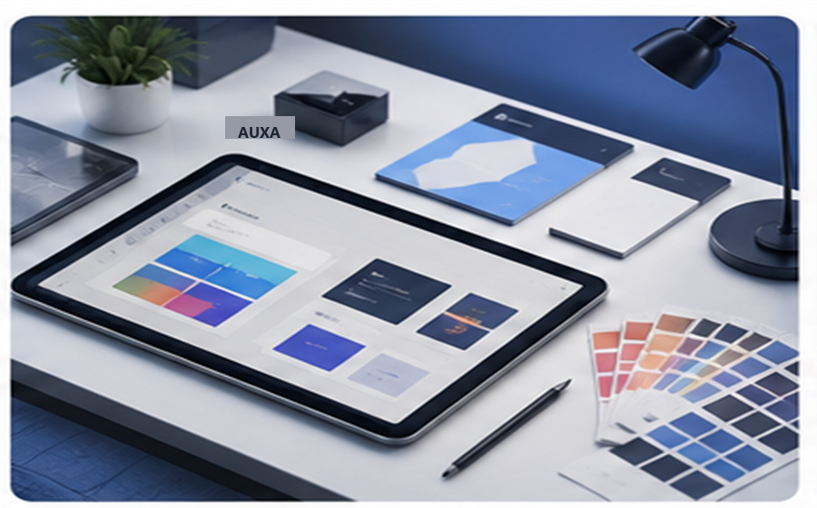 Designer workspace with branding mockups and color swatches