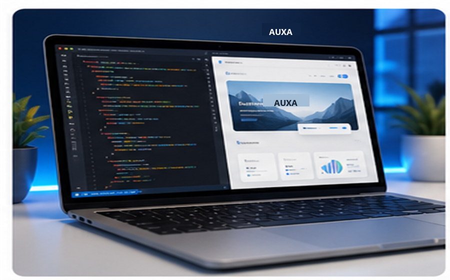 Laptop showing code and a website dashboard